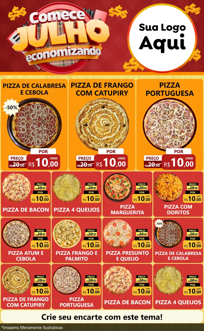 Modelo de Encarte para Encarte Grande com o tema Comece Julho Economizando para Pizzaria