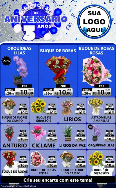 Modelo de Encarte para Encarte Grande com o tema Promoção de Aniversário - 3 Anos para Floricultura e jardim