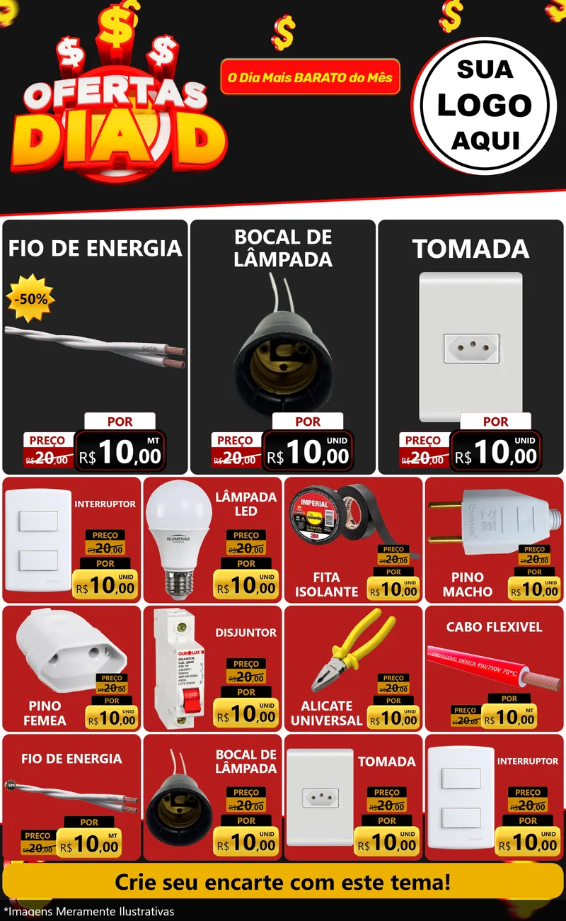 Modelo de Encarte para Encarte Grande com o tema Ofertas Dia D para Materiais Elétricos