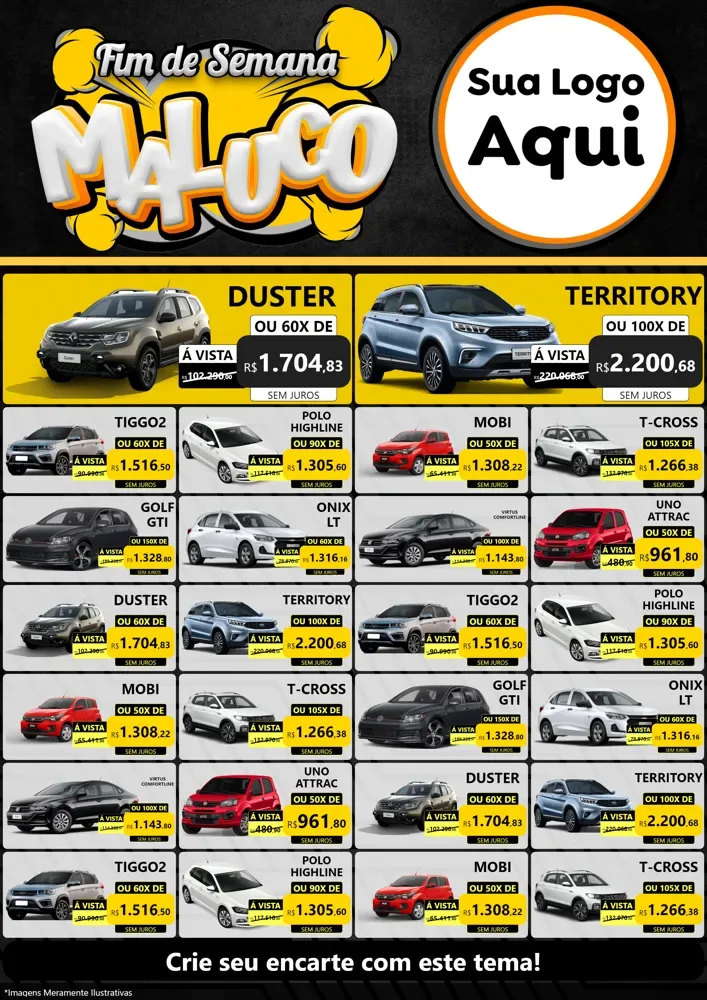 Modelo de Encarte para Encarte A4 Vertical com o tema Fim de Semana Maluco para Concessionaria de Carros