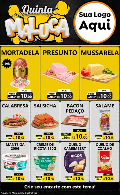 Modelo de Encarte para Encarte Grande com o tema Quinta Maluca para Frios e Laticínios