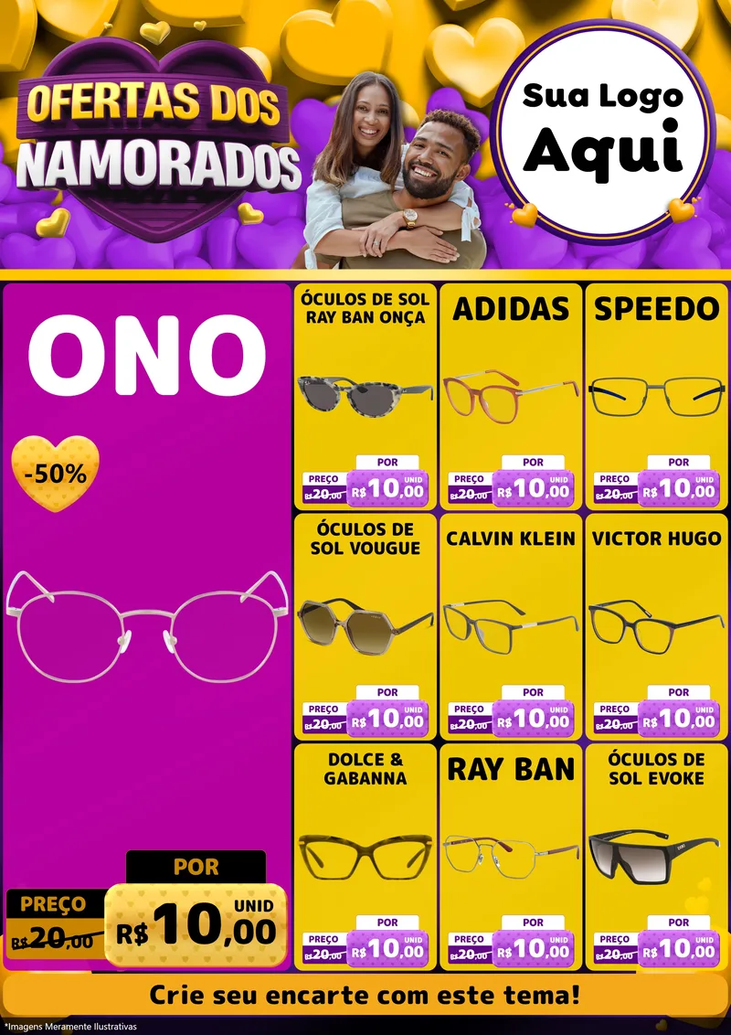 Modelo de Encarte para Encarte A4 Vertical com o tema Oferta Dos Namorados para Óticas