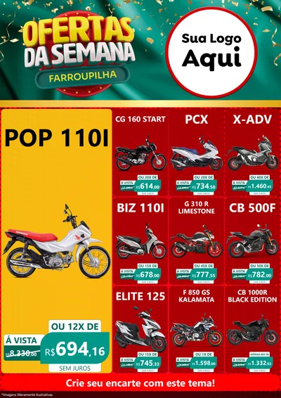 Modelo de Encarte para Encarte A4 Vertical com o tema Ofertas da Semana Farroupilha para Concessionaria de Motos