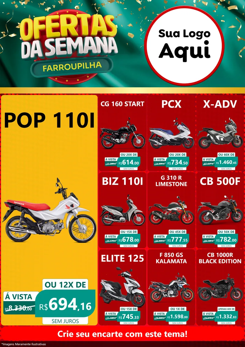 Modelo de Encarte para Encarte A4 Vertical com o tema Ofertas da Semana Farroupilha para Concessionaria de Motos