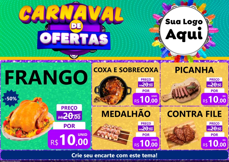Modelo de Encarte para Encarte A4 Horizontal com o tema Carnaval de Ofertas para Assados