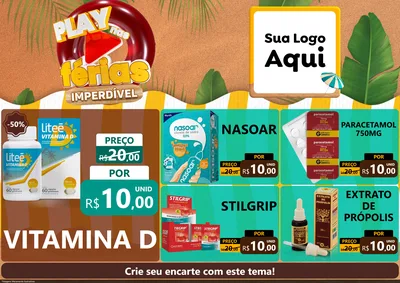 Modelo de Encarte para Encarte A4 Horizontal com o tema Play Nas Férias Imperdível para Farmácia