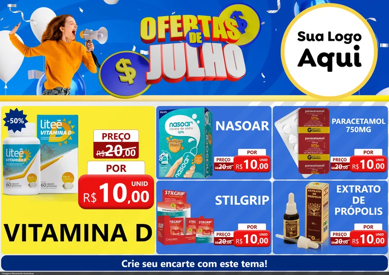 Modelo de Encarte para Encarte A4 Horizontal com o tema Ofertas de Julho para Farmácia