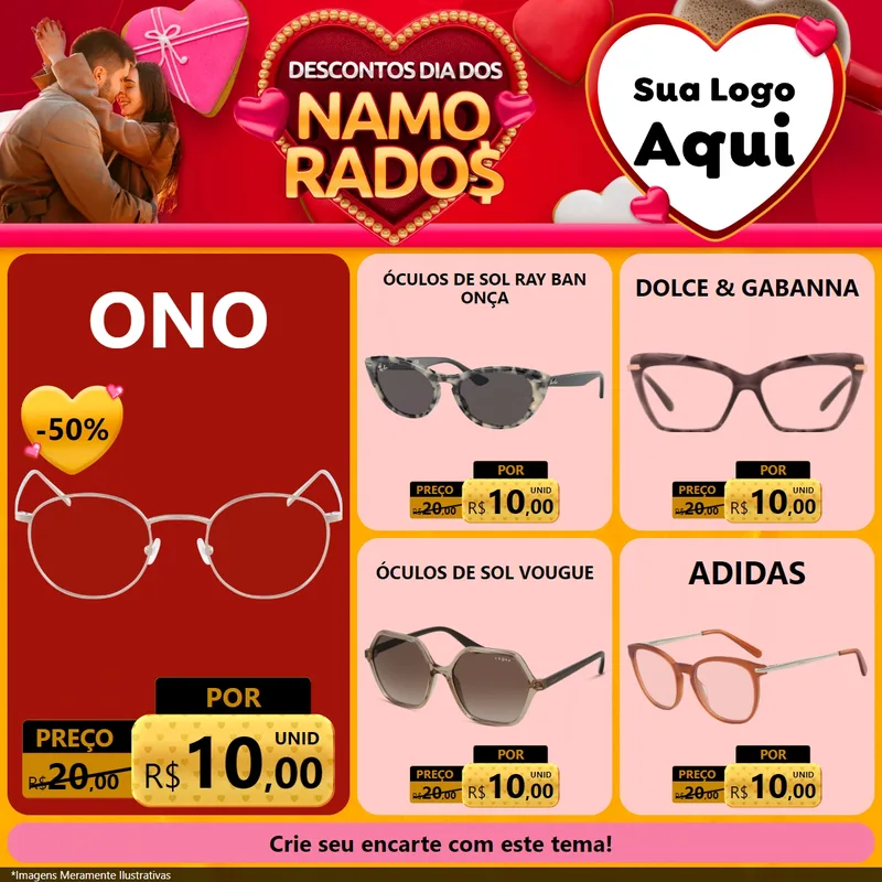Modelo de Rede Social para Feed Facebook com o tema Descontos Dia dos Namorados para Óticas