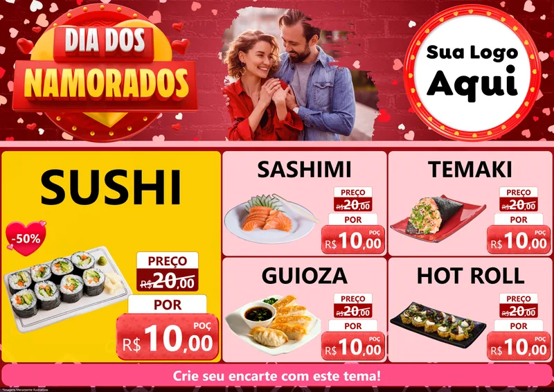 Modelo de Encarte para Encarte A4 Horizontal com o tema Dia Dos Namorados para Comida japonesa