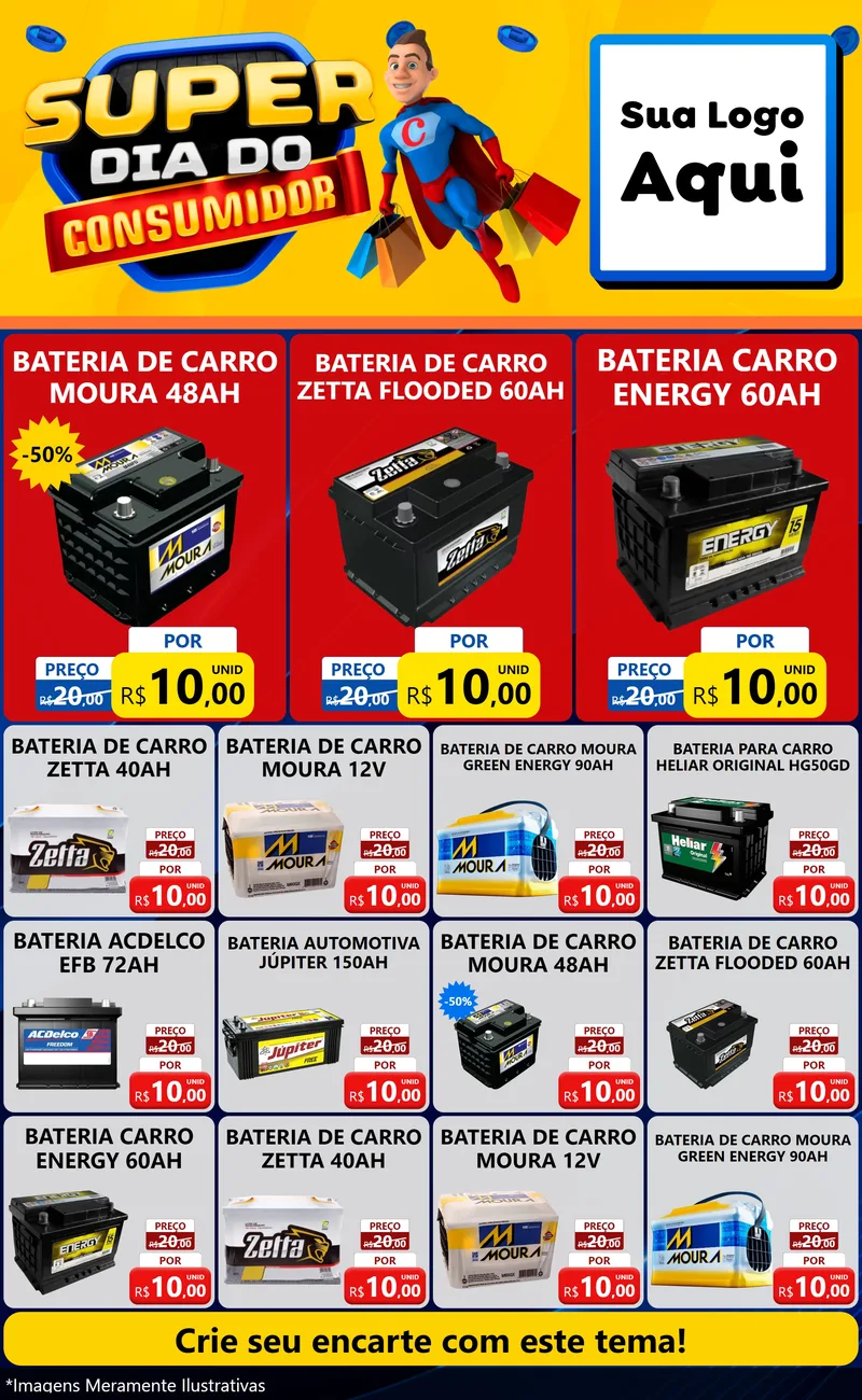Modelo de Encarte para Encarte Grande com o tema Super Dia do Consumidor para Baterias Elétricas