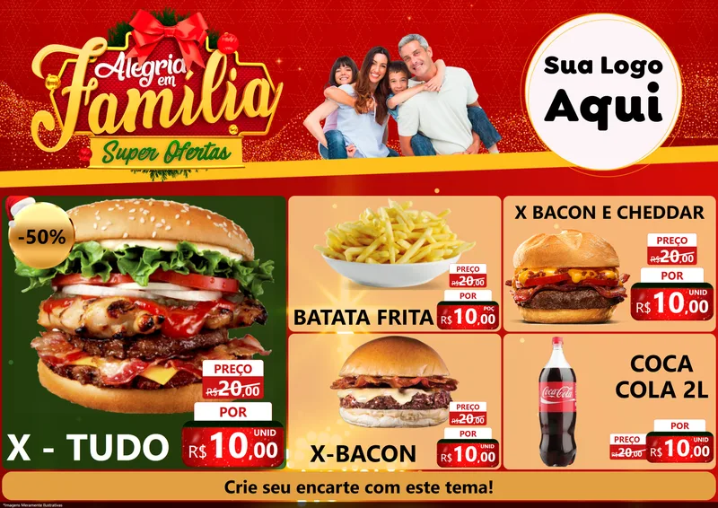 Modelo de Encarte para Encarte A4 Horizontal com o tema Alegria em Família Super Ofertas - Natal para Hamburgueria
