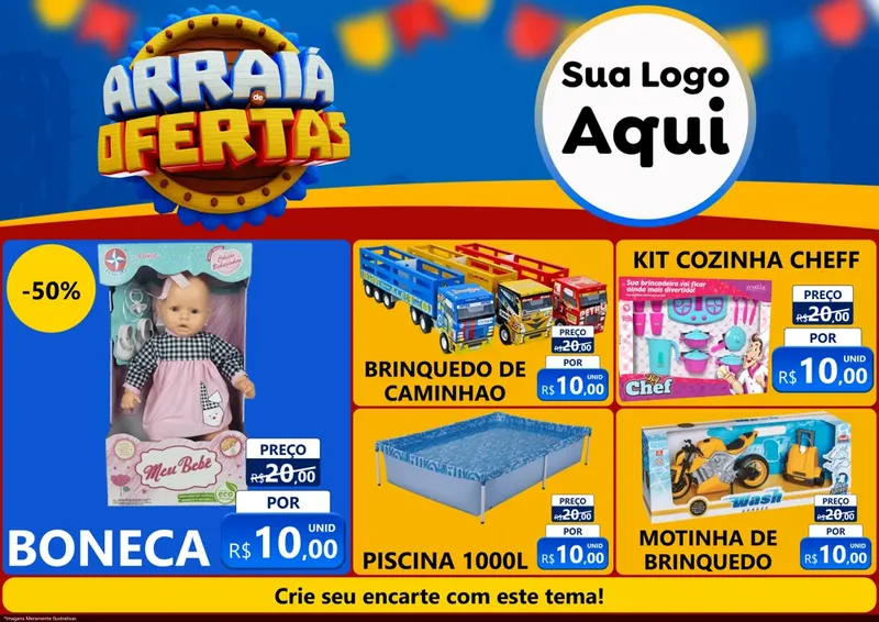 Modelo de Encarte para Encarte A4 Horizontal com o tema Arraiá de Ofertas - Junina para Brinquedos