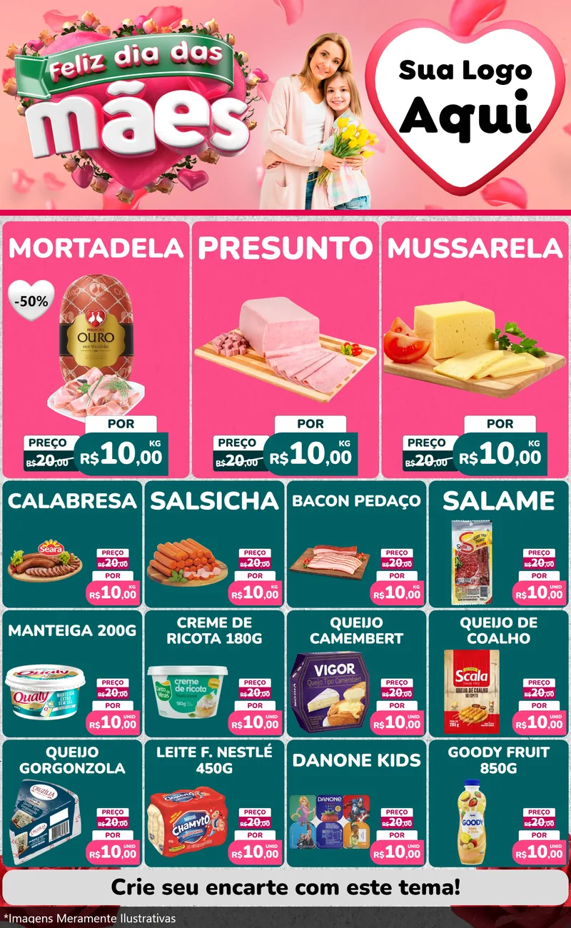 Modelo de Encarte para Encarte Grande com o tema Feliz Dia das Mães para Frios e Laticínios