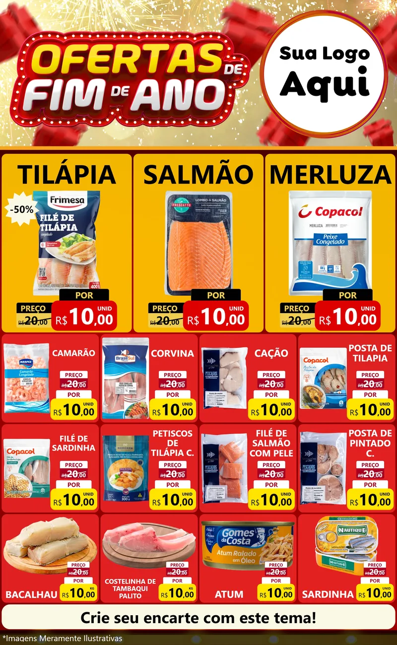 Modelo de Encarte para Encarte Grande com o tema Ofertas de Fim de Ano para Peixaria
