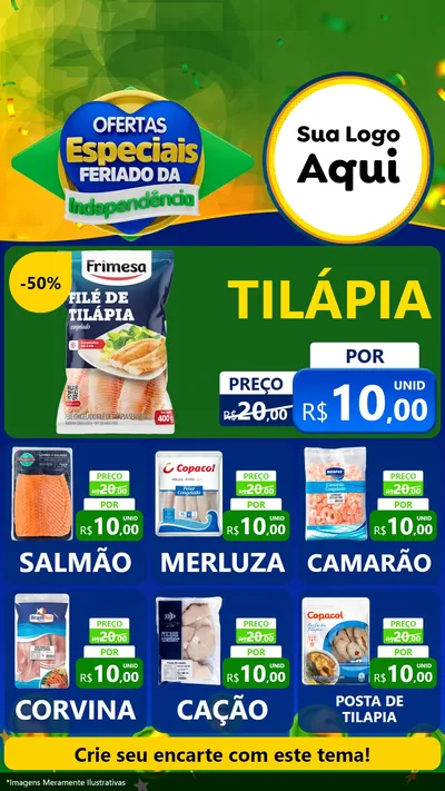 Modelo de Rede Social para Stories com o tema Ofertas Especiais Feriado da Independência para Peixaria
