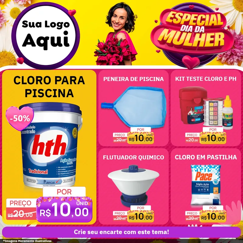 Modelo de Rede Social para Feed Facebook com o tema Especial Dia da Mulher para Produtos para Piscina
