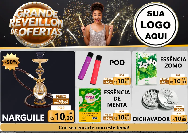 Modelo de Encarte para Encarte A4 Horizontal com o tema Grande Réveillon de Ofertas para Tabacaria