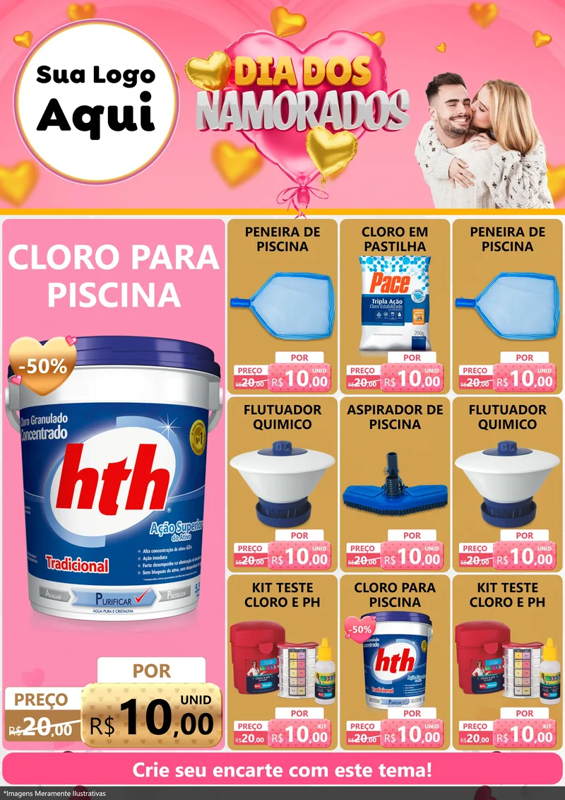 Modelo de Encarte para Encarte A4 Vertical com o tema Dia dos Namorados para Produtos para Piscina