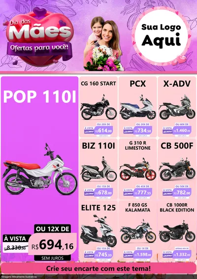 Modelo de Encarte para Encarte A4 Vertical com o tema Dia das Mães Ofertas para Você! para Concessionaria de Motos