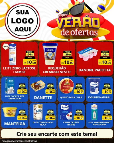 Modelo de Rede Social para Feed Instagram com o tema Super Verão de Ofertas para Frios e Laticínios