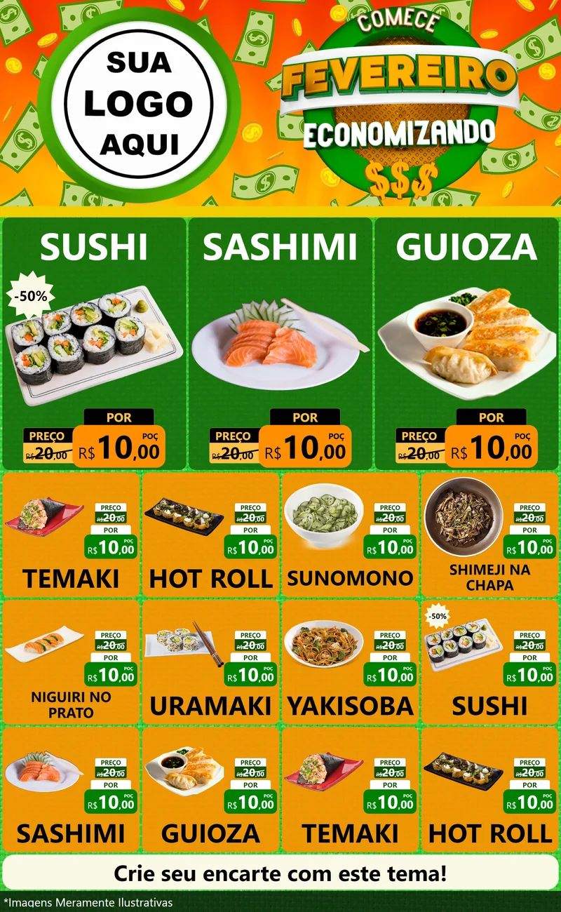 Modelo de Encarte para Encarte Grande com o tema Comece Fevereiro Economizando para Comida japonesa