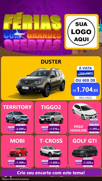 Modelo de Rede Social para Stories com o tema Férias com Grandes Ofertas para Concessionaria de Carros