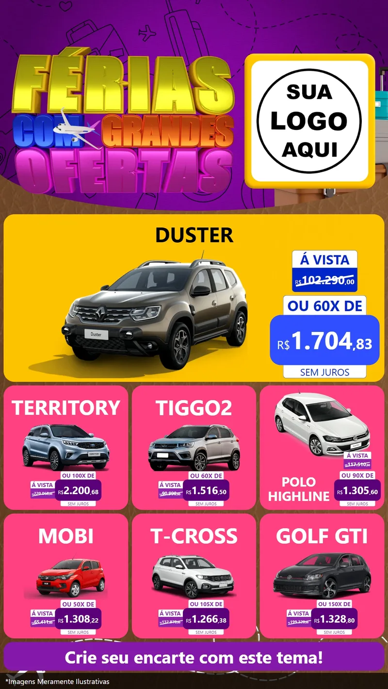 Modelo de Rede Social para Stories com o tema Férias com Grandes Ofertas para Concessionaria de Carros