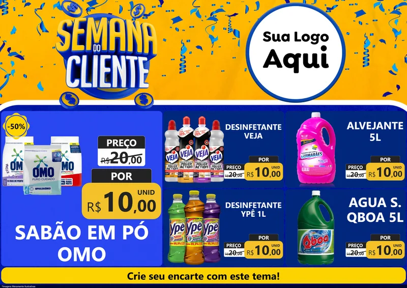 Modelo de Encarte para Encarte A4 Horizontal com o tema Semana do Cliente para Produtos de Limpeza