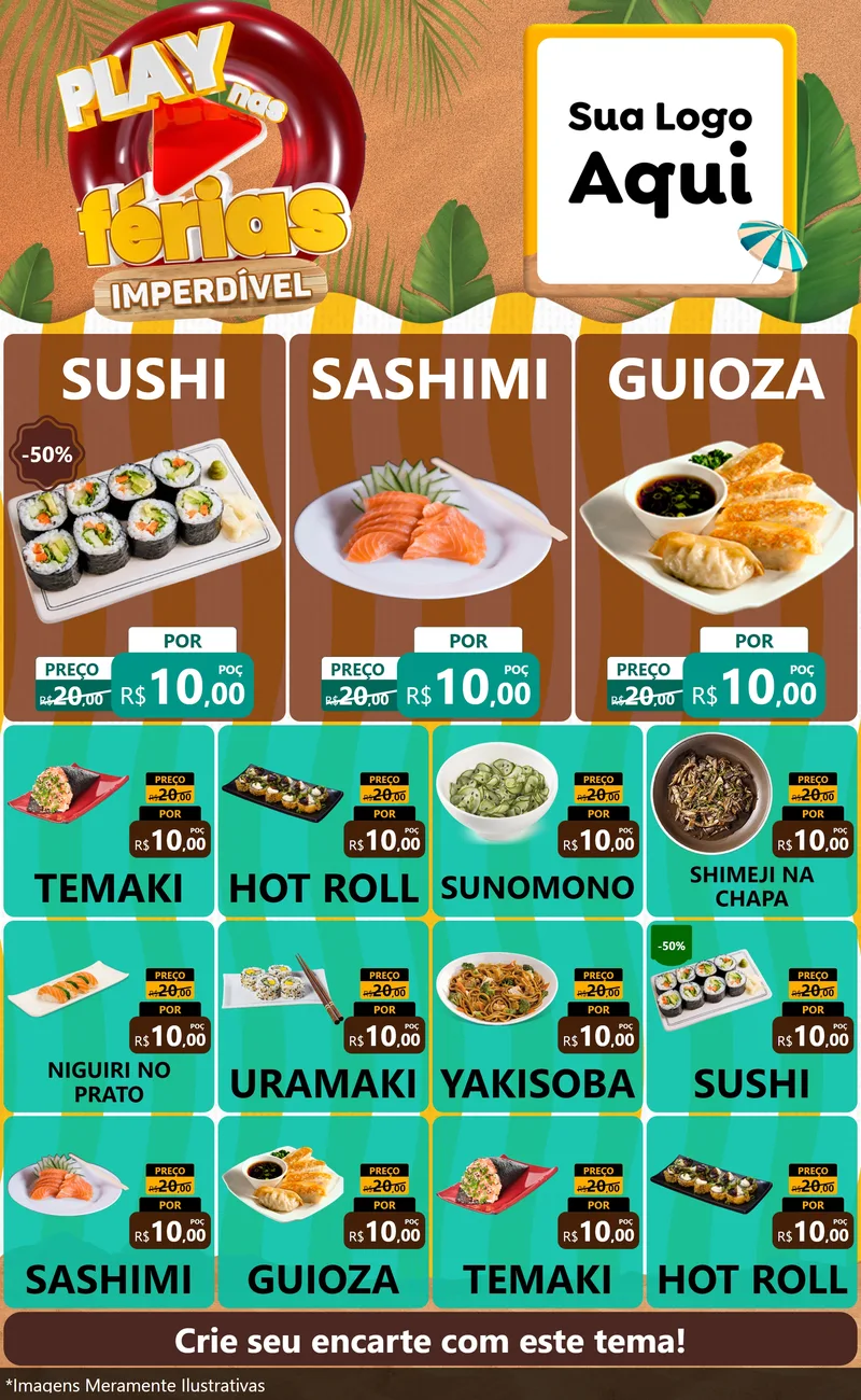 Modelo de Encarte para Encarte Grande com o tema Play Nas Férias Imperdível para Comida japonesa
