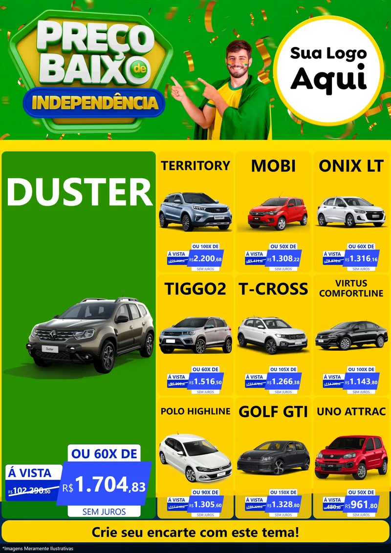 Modelo de Encarte para Encarte A4 Vertical com o tema Preço Baixo de Independência para Concessionaria de Carros