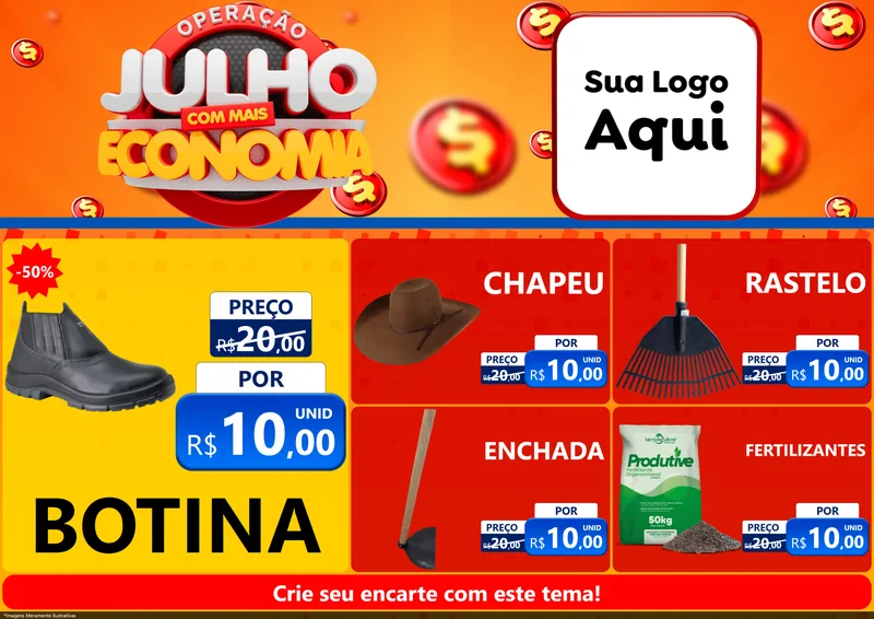 Modelo de Encarte para Encarte A4 Horizontal com o tema Operação Julho Com Mais Economia para Agropecuária