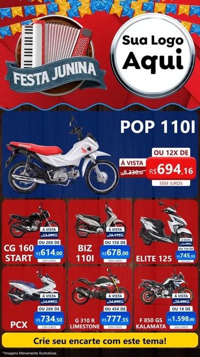 Modelo de Rede Social para Stories com o tema Festa Junina para Concessionaria de Motos