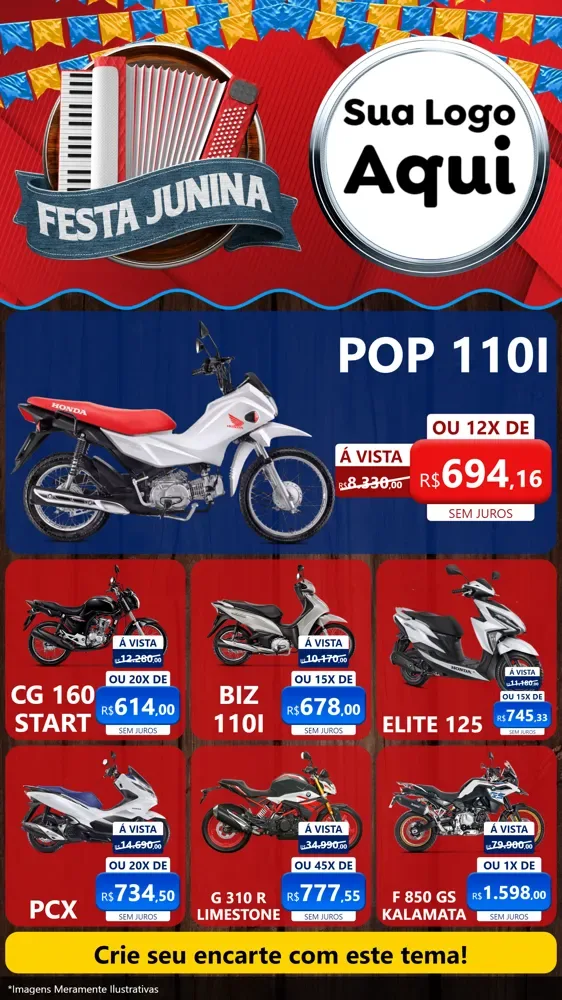 Modelo de Rede Social para Stories com o tema Festa Junina para Concessionaria de Motos