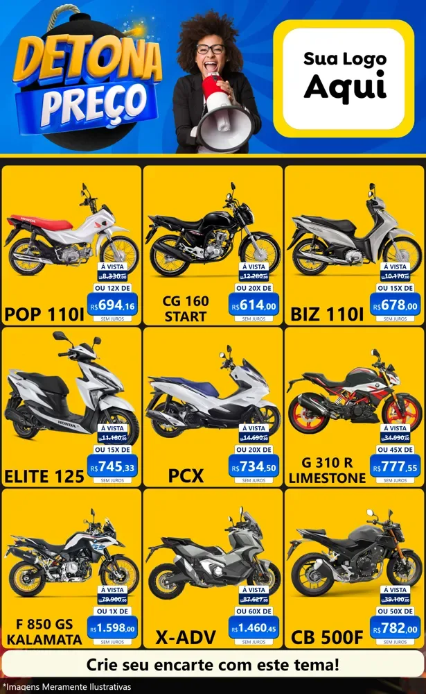 Modelo de Encarte para Encarte Grande com o tema Detona Preços para Concessionaria de Motos