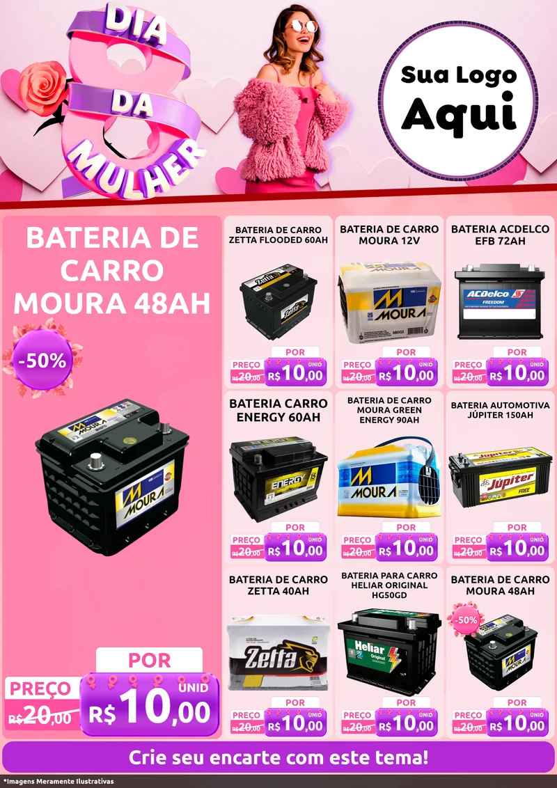 Modelo de Encarte para Encarte A4 Vertical com o tema Dia da Mulher para Baterias Elétricas