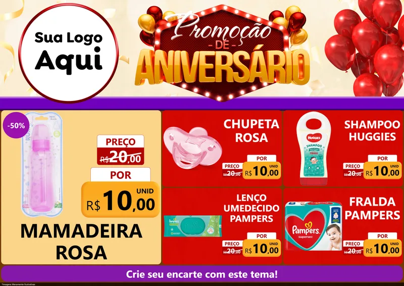 Modelo de Encarte para Encarte A4 Horizontal com o tema Promoção de Aniversário para Bebês