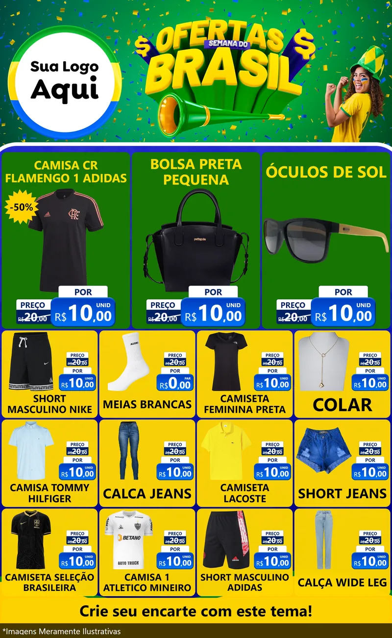 Modelo de Encarte para Encarte Grande com o tema Ofertas Semana do Brasil para Roupas e acessórios
