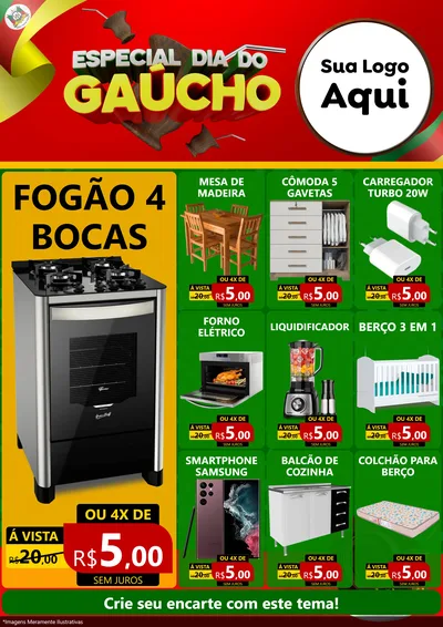 Modelo de Encarte para Encarte A4 Vertical com o tema Especial Dia do Gaúcho para Móveis e Eletro