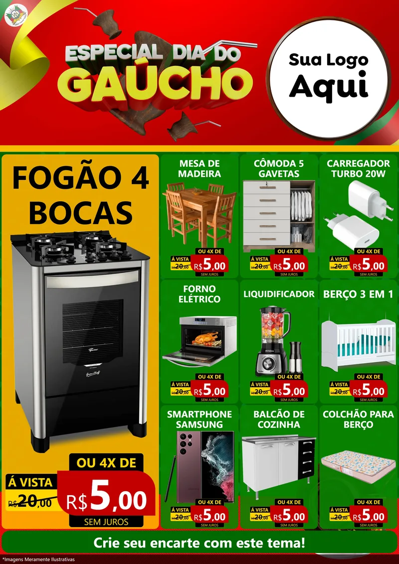 Modelo de Encarte para Encarte A4 Vertical com o tema Especial Dia do Gaúcho para Móveis e Eletro