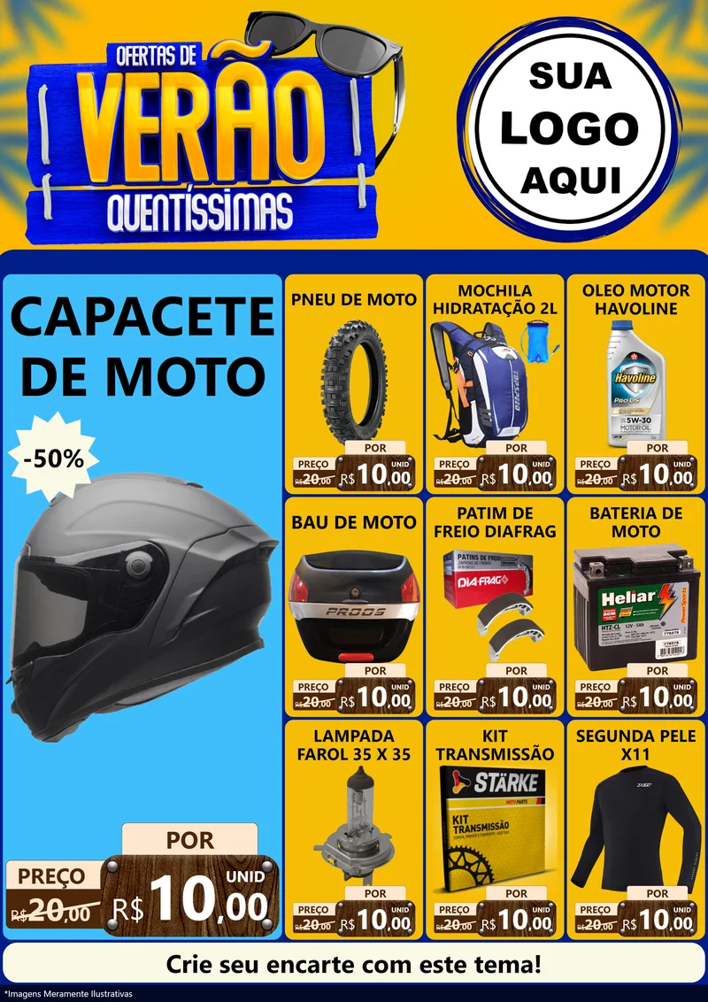 Modelo de Encarte para Encarte A4 Vertical com o tema Ofertas de Verão Quentíssimas para Moto peças