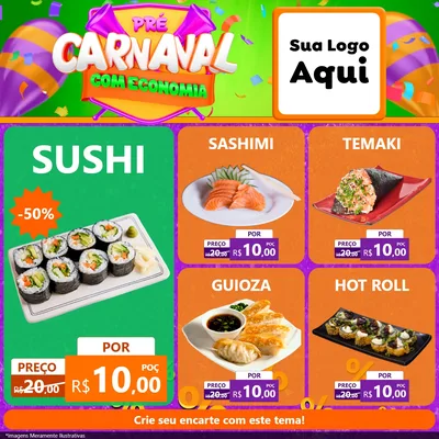Modelo de Rede Social para Feed Facebook com o tema Pré-Carnaval Com Economia para Comida japonesa