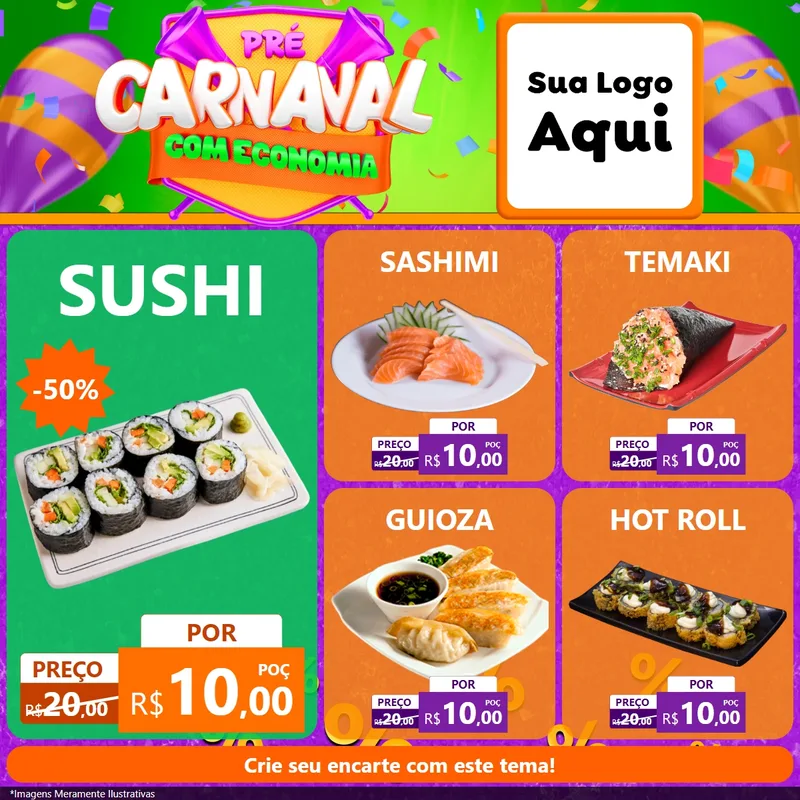 Modelo de Rede Social para Feed Facebook com o tema Pré-Carnaval Com Economia para Comida japonesa