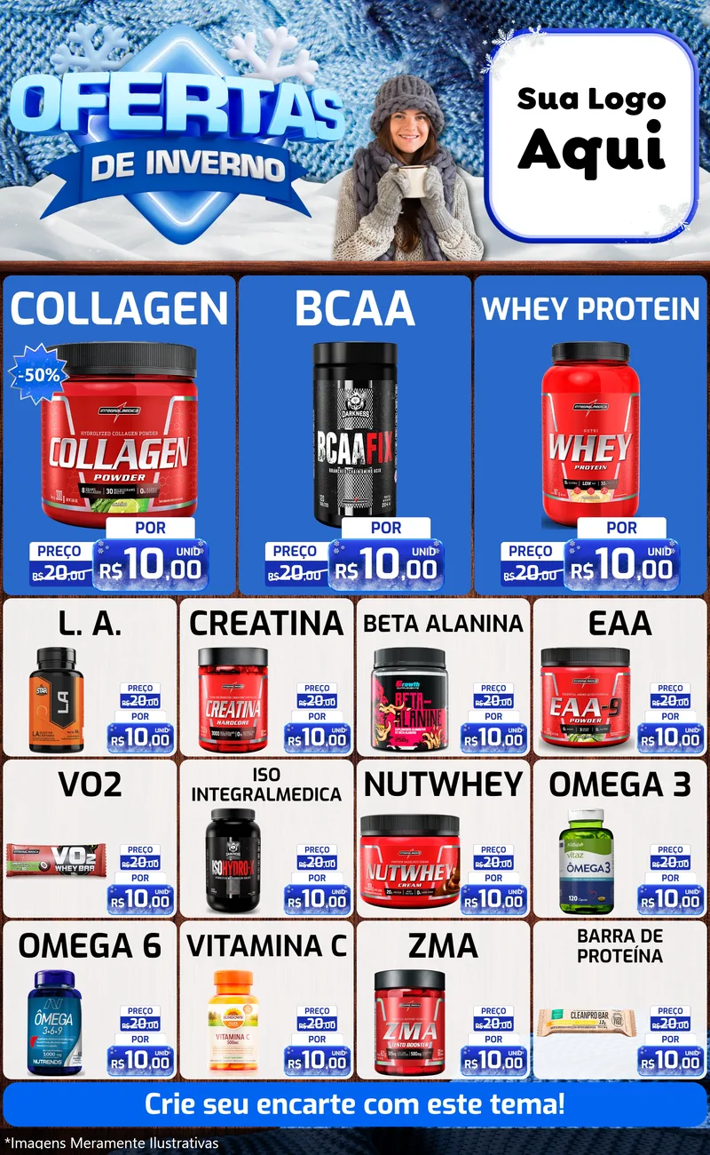 Modelo de Encarte para Encarte Grande com o tema Ofertas de Inverno para Suplementos alimentares