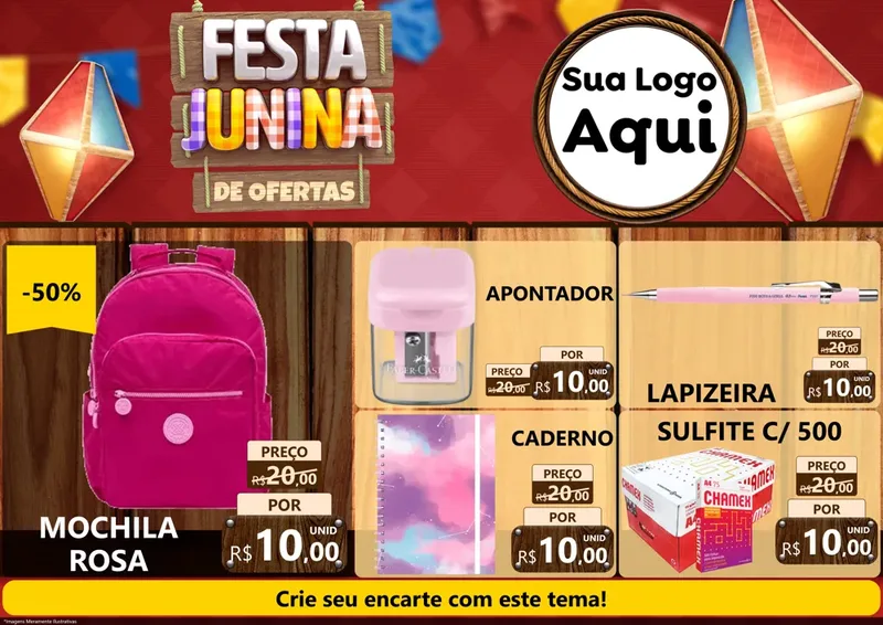 Modelo de Encarte para Encarte A4 Horizontal com o tema Festa Junina de Ofertas para Papelaria