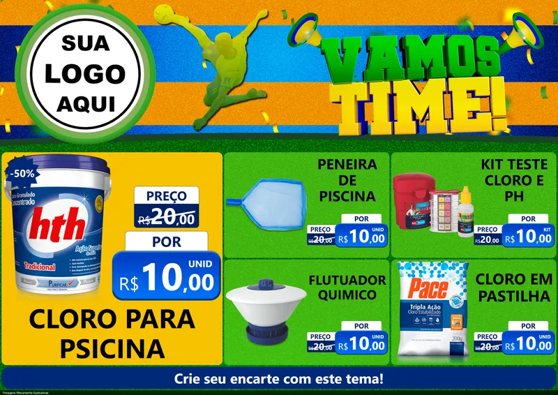 Modelo de Encarte para Encarte A4 Horizontal com o tema Vamos Time! para Produtos para Piscina