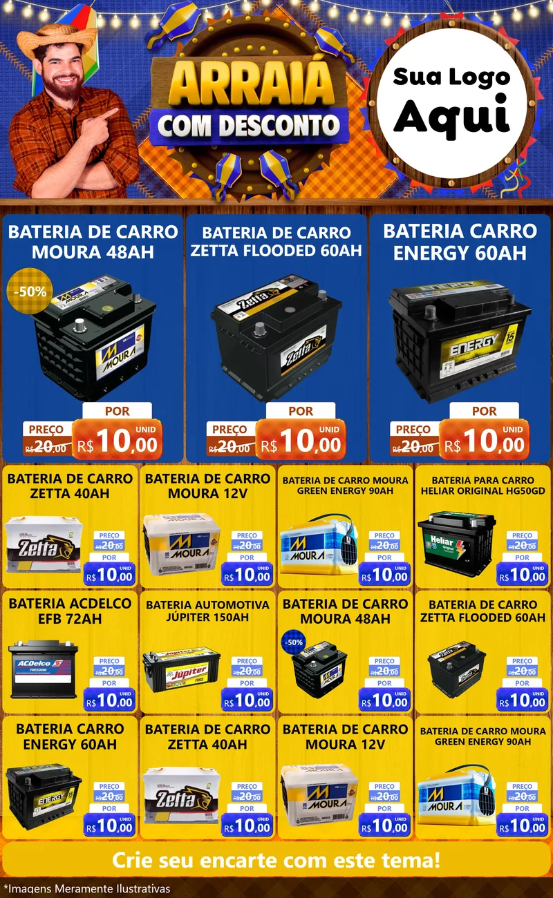 Modelo de Encarte para Encarte Grande com o tema Arraiá Com Desconto para Baterias Elétricas
