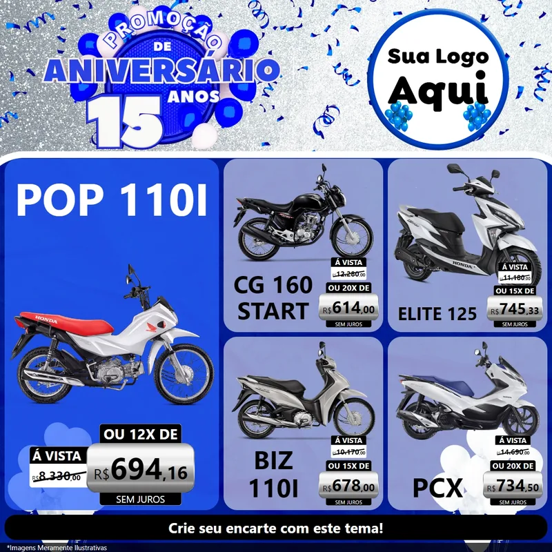 Modelo de Rede Social para Feed Facebook com o tema Promoção de Aniversário - 15 Anos para Concessionaria de Motos