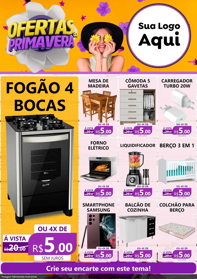 Modelo de Encarte para Encarte A4 Vertical com o tema Ofertas Da Primavera para Móveis e Eletro
