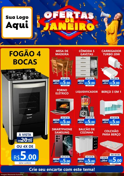 Modelo de Encarte para Encarte A4 Vertical com o tema Ofertas de Janeiro para Móveis e Eletro