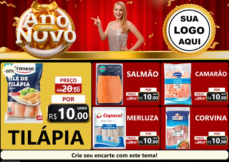 Modelo de Encarte para Encarte A4 Horizontal com o tema Super Ano Novo para Peixaria